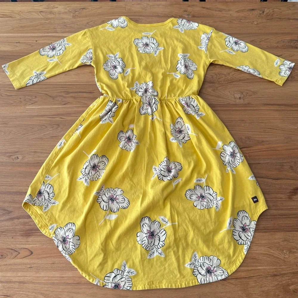 Tea Dress Girls’ 10 Yellow Floral White Flowers 3/4 Sleeves Midi Dress